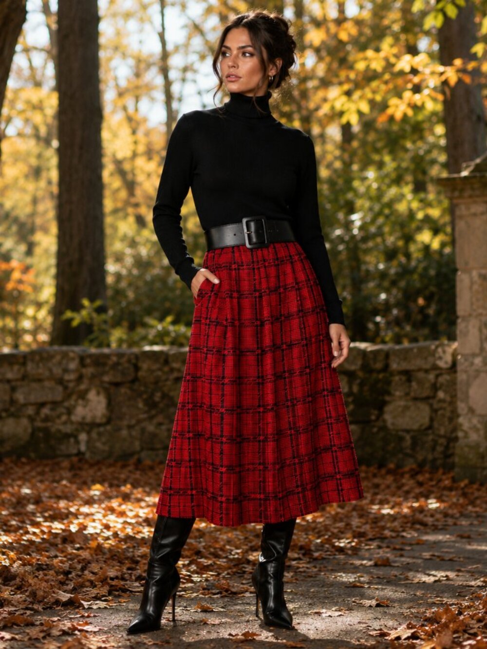 Vintage 80s Evan-Picone Womens 12 Red Black Plaid Pleated Midi Skirt